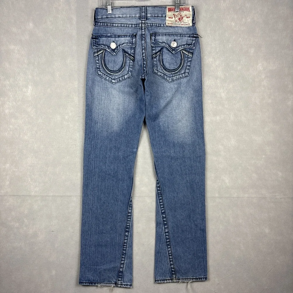 True Religion Joey Bootcut Jeans Men's 30x33 Blue Flap Pockets Big T Embroidered